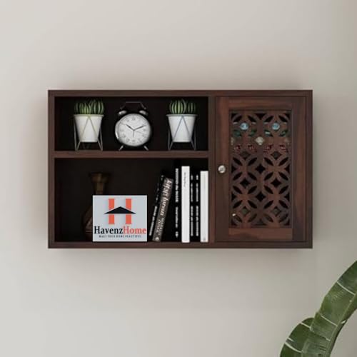 Image of Solid Sheesham Wooden Wall Shelf with Lattice Door, 71x46x18 cm | Sheesham Wall Mount Shelf, Book Storage Rack for Living Room | Bedroom | (Dark Walnut -1)