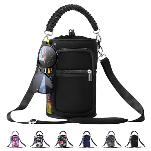 Image of 128 oz Water Bottle Sleeve, Neoprene One Gallon Water Bottle Carrier with Strap & Paracord Handle, Sport Bottle Holder Sling Bag with 4 Pockets for Travelling, Walking, Camping-Black