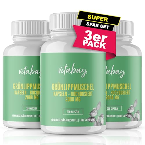 Vitabay Grünlippmuschelextrakt 2000mg Hochdosiert - 900 Grünlippmuschel Kapseln mit hoher Bioverfügbarkeit - Green lipped mussel capsules Laborgeprüft & ohne unerwünschte Zusätze