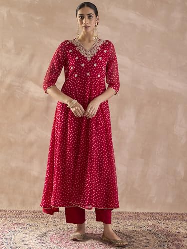 Image of INDO ERA Women's Georgette Floral Embroidered A-Line Kurta & Pant with Dupatta Set