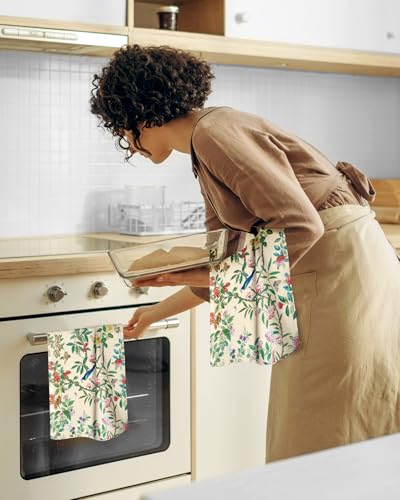 Image of Miss Adola 150GSM Flour Sack Kitchen Towels Set of 2, Bird on Branch | 18 inchx26 inch, Lightweight, Lint-Free, Pure Cotton, Decorative, with Hanging Loop, Absorbent, Softer after Wash, Giftable Package