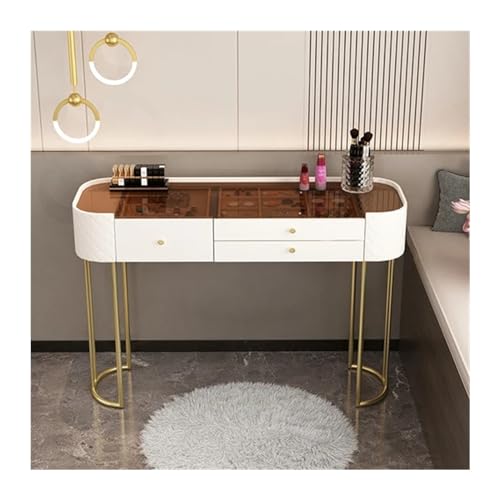 Moderno escritorio de tocador blanco con espejo, mesa de maquillaje de cristal simple, escritorio de oficina en casa, tocador de 2 cajones para dormitorio, elegante oficina Coiffeuse (grande)