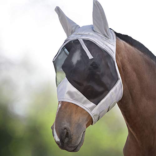 Harrison Howard CareMaster Pferde Fliegenmaske UV-Schutz mit Ohrenschutz Silber/Schwarz Warmblut (L)