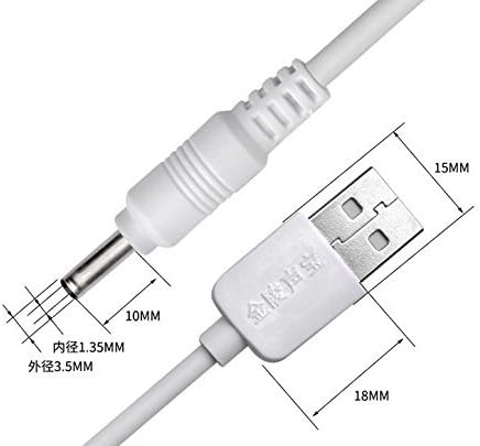 Close-up image of the DC barrel connector and USB-A connector with dimensions indicated, showing inner diameter 1.35mm and outer diameter 3.5mm for the DC plug.