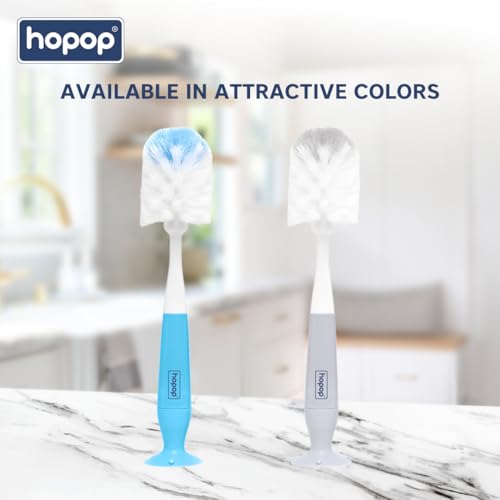Image of Hopop 2-in-1 Baby Feeding Bottle Cleaning Brush: Durable, Flexible Bristles & Nipple Cleaner, Comfortable Grip, Suction Base for Organized Kitchen - Blue