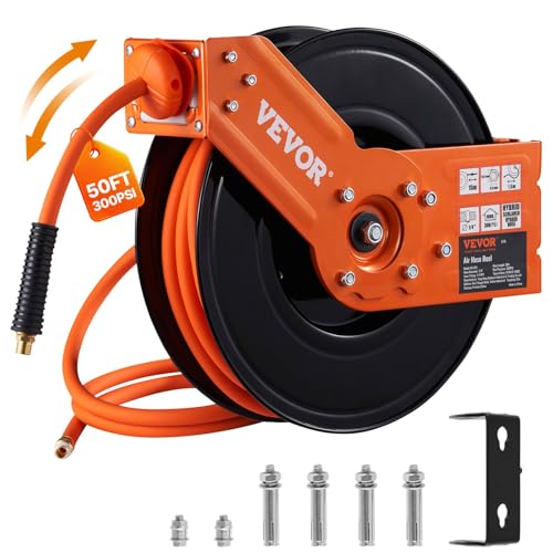 Image of VEVOR Retractable Air Hose Reel, 3/8 IN x 50 FT Hybrid Air Hose Max 300PSI, Air Compressor Hose Reel with 5 ft Lead in, Ceiling/Wall Mount Heavy Duty Single Arm Steel Reel