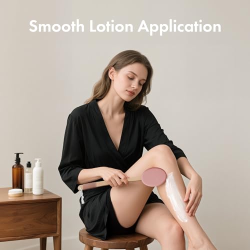 Image of AmazerBath Lotion Applicator for Back, Feet, 4 Replacement Pads with 17 inch Curved Handle, Back Sunscreen Applicator for Kids, Elderly, Women, Apply Skin Cream Medicine Moisturizer Tanner, Coffee Pink