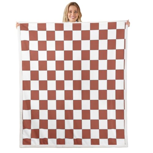 Image of Erosebridal Checkered Sherpa Blanket 40 inchX50 inch White Light Caramel Checkerboard Fleece Bed Blanket,Buffalo Plaid Grid Throw Blanket for Kids Teen Adults Aesthetic Geometric Gingham Fuzzy Blanket