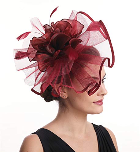 Women's Organza Church British Fascinator Bridal Tea Party Wedding Hat Summer (Hj2-Burgundy) - Thumbnail 4
