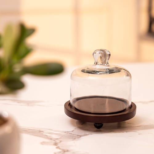 Image of Sugary Affair Acacia Wood Cake Stand with Glass Dome - Compact Wooden Cake & Dessert Display Stand, Glass Cloche for Cupcakes, Pastries & Small Cakes