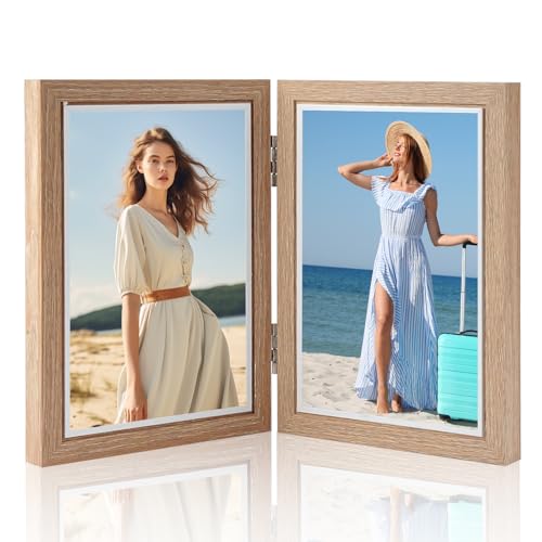 AKINSTER Cadre photo pliable double face en bois 10 x 15 cm Pour bureau, famille, mariage, cadeaux