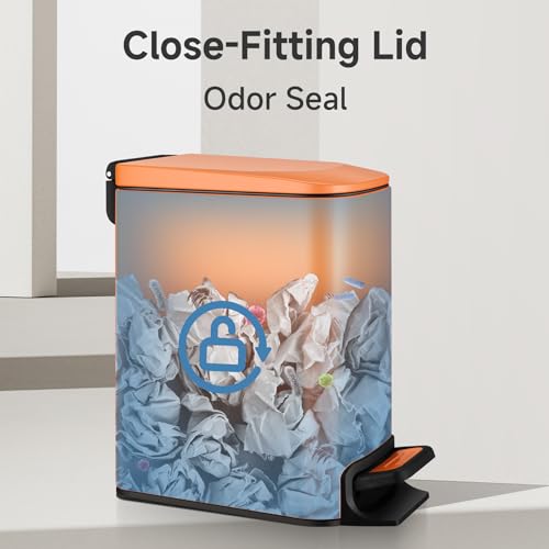 Image of TIPGO Small Bathroom Trash Can with Lid, 1.6 Gal, Soft Close, Orange | Foot Pedal, Soft Quiet Lid, 5.9'' Slim for Narrow Space, Stainless Steel, Anti-fingerprint, Removable Inner Bucket, Odor Seal