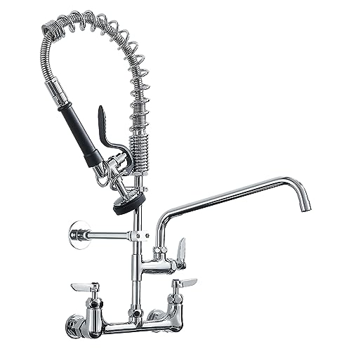 Fapully Commercial Kitchen Faucet,Wall Mount Kitchen Sink Faucet with Pre-Rinse Pull Down Sprayer,25‘’ Height 8'' Center 3 Compartment Sink Faucets with 12.2'' Swing Spout Chrome