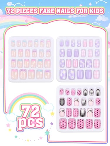 72 Pieces Press on Nails for Kids, EBANKU 3 Pack Kid Fake Nail Kit Purple Flower Black Streak Press on Nails for Girls 8-12 Years with Jelly Nail Adhesives - Image 4
