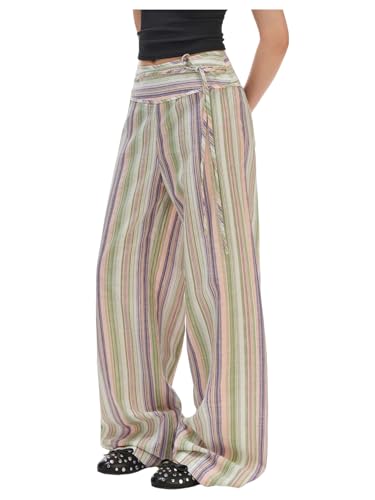 SOLY HUX Women's Striped Pants Baggy Wide Leg Pants Tie Front Casual Long Trousers