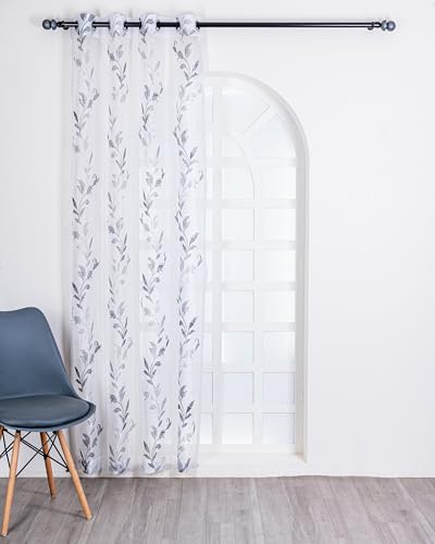 Image of (5 Ft Embroidered Tissue Curtain | Leaf Plant Design Grommet Curtains Window Curtain |Vintage Classical Floral Print | For Home | Grey & White (Pack Of 2) | 152 L X 121 W Centimeters