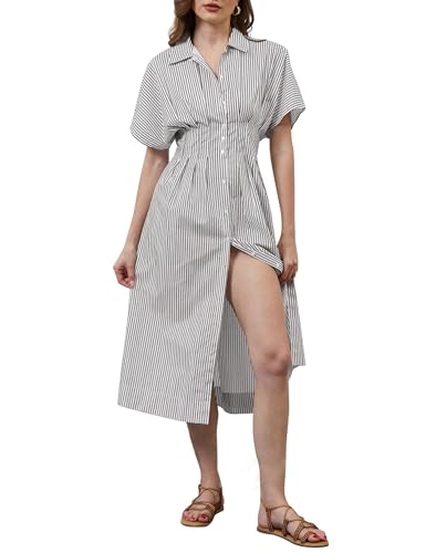 Image of calbatic Women Striped Button Down Pleated Shirt Dress Summer Short Sleeve Ruffle A Line Swing Long Blouse Midi Long Dress