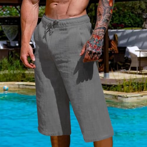 Men's Cotton Linen Cropped Trousers Mens Drawstring High Waist Capris Pants 3/4 Elasticated Waist Sweatpants3