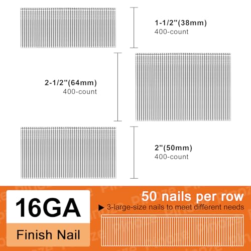 Image of PINOZE 16 Gauge 304 Stainless Steel Finish Nails, 1200-Count (2-1 /2 inch, 2 inch, 1-1 /2 inch) 16GA SS Finishing Nails, Assorted Framing Nail Gun Nails for Pneumatic, Electric Finish Nailer