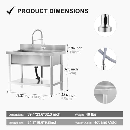 Image of Stainless Steel Utility Sink Single Bowl Freestanding Laundry Sink with Pull-Out Faucet,for Laundry Room Farmhouse Indoor and Outdoor Sink Pet Cleaning