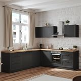 Lomadox Winkelküche Küche Einbauküche Küchenzeile L-Form 240/240 cm mit E-Geräten in grau, Arbeitsplatte in Eiche, inkl. Dunstabzugshaube, Herd, Backofen, Geschirrspüler
