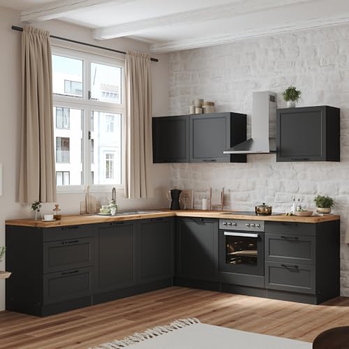 Lomadox Winkelküche Küche Einbauküche Küchenzeile L-Form 240/240 cm mit E-Geräten in grau, Arbeitsplatte in Eiche, inkl. Dunstabzugshaube, Herd, Backofen, Geschirrspüler Küche, Haushalt & Wohnen