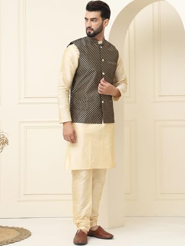 Image of SOJANYA (Since 1958 Men's Silk Blend Kurta Pyjama With Self Design Nehru Jacket