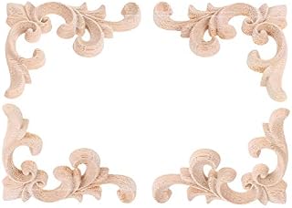 4Pcs Wood Carved Applique Onlay for Decoration Furniture Decals Corner Left&Right Flower Pattern Unpainted Modern Furniture Doors Walls Carved Ornamental Decor 7.5x6cm
