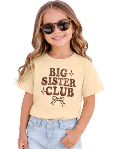 SANIXJOO Big Sister Club Embroidery Shirts Promoted to Big Sis Sibling Reveal Shirt Toddler Girls Short Sleeve Gifts Tops(Apricot 3-4T)
