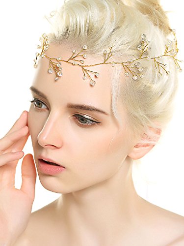 Yean Wedding Headband Bridal Headpieces for Bridesmaid and Flowergirls - 27.5 Inches Extra Long Pearls Silver Hair Accessories for Women and Girls (Gold)