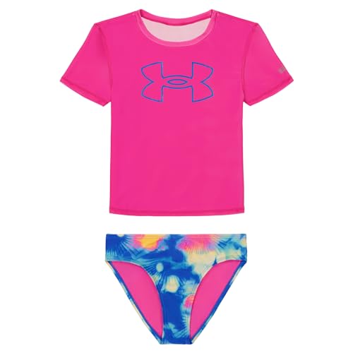 Image of Under Armour Girl's Short Sleeve Rashguard Surf Shirt and Swim Bottoms Set, UPF 50+ Sun Protection, Quick-Dry Bathing Suit