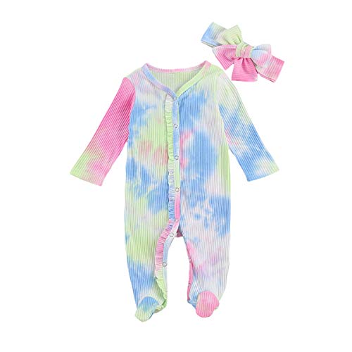 Newborn Baby Unisex Footed Pajamas Zip Front One-Piece Ruffle Ribbed Romper Jumpsuit Organic Cotton Sleeper Pjs (Green + Headband,3-6 Months)