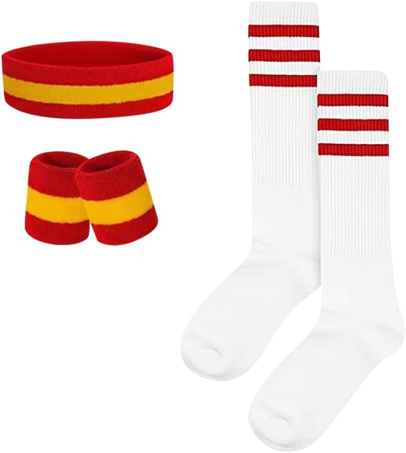 GSHLLO 5 Pcs Athletic Sweatbands and Striped Socks Sport Sweat Headband Basketball Sweat Wristbands Moisture Wicking Sweatbands Soft Running Headband for Men Women Red Yellow
