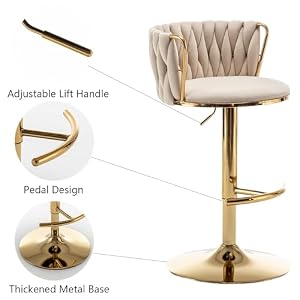 Gold Velvet Bar Stools Set of 4, Swivel Counter Height Bar Stools with Back, Adjustable Woven Barstools for Kitchen Island, Pub, Club (Beige) Gold Velvet Bar Stools Set of 4 Swivel Counter Height Bar Stools with Back Adjustable Woven Barstools for Kitchen Island Pub Club Beige