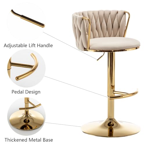Gold-Velvet-Bar-Stools-Set-of-4-Swivel-Counter-Height-Bar-Stools-with-Back-Adjustable-Woven-Barstools-for-Kitchen-Island-Pub-Club-Beige Gold Velvet Bar Stools Set of 4 Swivel Counter Height Bar Stools with Back Adjustable Woven Barstools for Kitchen Island Pub Club Beige