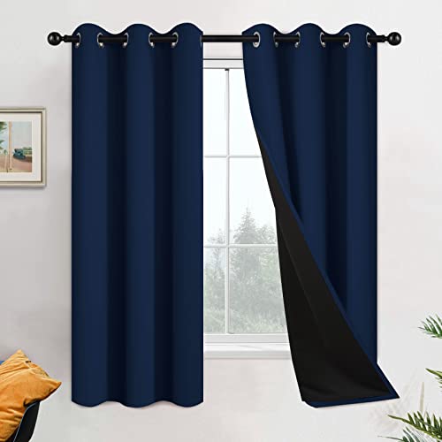 Image of Yakamok Navy Blue 100% Blackout Curtains 63 Inches Long 42 inch Wide, 2 Panels | Blackout Curtain Panels for Bedroom, 2 Thick Layers Grommet Top Thermal Insulated Drapes with Black Liner for Living Room