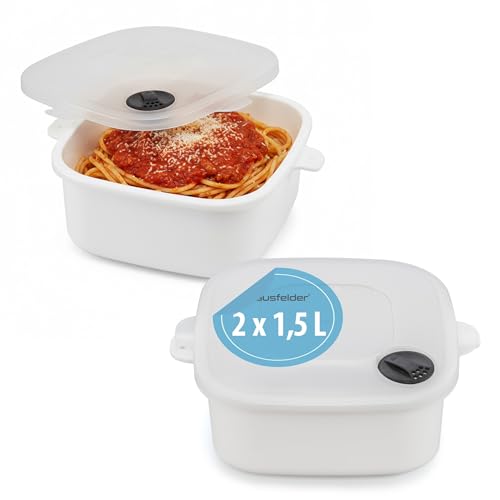 Hausfelder Mikrowellengeschirr Set mit Deckel 1,5 Liter, 2 Stück Mikrowellenschüssel mit Dampfventil, Mikrowellenbehälter BPA-frei weiß, Mikrowellentopf Hausfelder Mikrowellengeschirr Set mit Deckel 1,5 Liter, 2 Stück Mikrowellenschüssel mit Dampfventil, Mikrowellenbehälter BPA-frei weiß, Mikrowellentopf