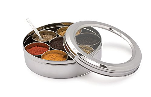 Shradha Trading Stainless Steel Transparent Masala Box/Spice Box/Masala Dabba/Spice Container - 7 Containers, Steel Masala Box/Masala Dabba/Spice Box, Kitchen Spice Box, Spice Box for Chefs