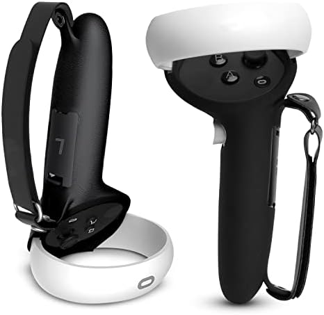 VirtualBuff Controller Grips for Meta Oculus Quest 2 - Extended Handle and Easy Battery Replacement, VR Accessories with Silicone Cover and Leather Adjustable Hand Knuckle Straps