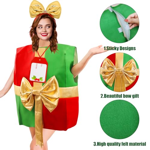 Boyigog Weihnachtskostüme für Erwachsene Weihnachtsgeschenkbox Kleidung mit Goldener Schleife Kostüm mit Haarband Karten, Lustig Weihnachtskostüm für Damen