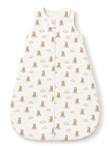 Image of TuddyBuddy Baby Cotton Wearable Quilted Sleeping Bag Blanket 1.5 Tog with 1 Way Zipper Closure | Ideal for Babies & Kids Hypoallergenic Fabrics | (Teddy AOP - Ribbed White, 12-18 Months)