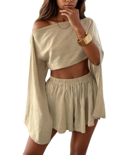 VCM Boho Sets Women 2 Piece Outfits Bikini Coverup Off Shoulder Crop Top Shorts Summer Beachwear Womens Loungewear Set