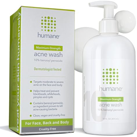 humane Benzoyl Peroxide Acne Body Wash - 10% Maximum-Strength Face, Skin, Butt, and Back Acne Treatment - 16 Fl Oz - Dermatologist-Tested Non-Foaming Acne Face Wash Cleanser - Vegan, Cruelty-Free