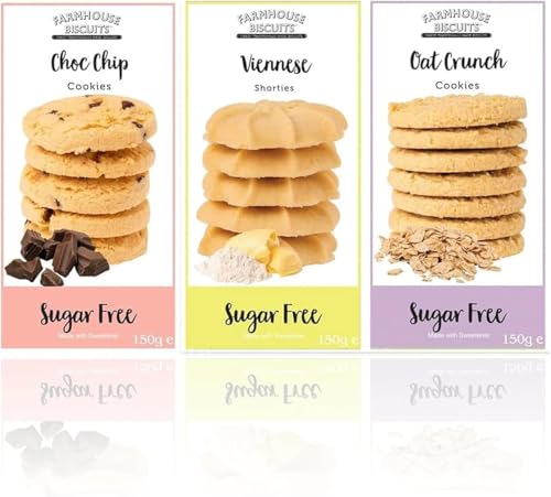 Farmhouse - Paquete múltiple de galletas sin azúcar | Paquete de 3 galletas | Disponible para regalos y cestas | Galletas aptas para diabéticos para amigos y familiares | chispas de chocolate,