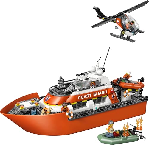 Image of LEGO City Coast Guard Rescue Boat & Helicopter - Pretend Play Set - Floating Boat Toys - 60504