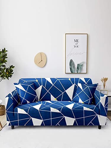 Cortina Stylish Polyester Spandex Sofa Cover | Geometry Print | Machine Washable | Couch Covers | Suitable for Home, Office, Functions | Soft & Durable Sofa Cover | Flexible Single Seater | Blue