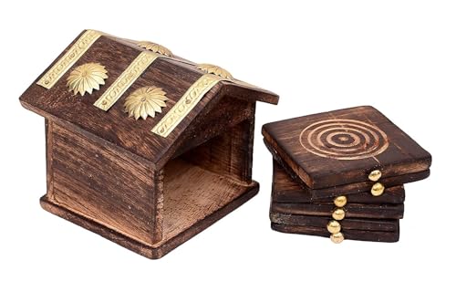 Image of Kundi Handmade Hut Style Wooden Coaster Set with Holder | Hot & Cold Drink Coasters for Tea, Coffee & Dining Table Decor