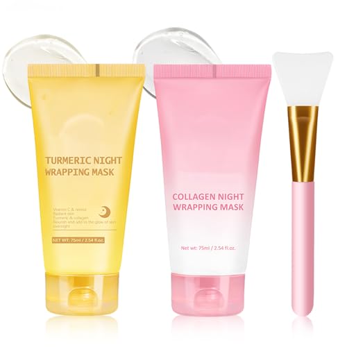 2PCS Collagen & Kojic Acid Turmeric Night Wrapping Mask - with (Brush), Korean Skin Care, Collagen Face Mask Overnight - Gentle Cleansing, Improves Skin Elasticity, Moisturizing & Nourishing
