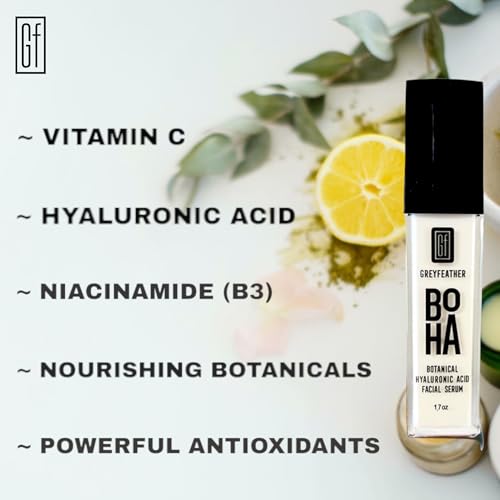 Greyfeather BOHA Hyaluronic Acid Serum for Face – Botanical Hydration with Vitamin C & E – Anti-Aging Facial Serum for Fine Lines, Wrinkles, Dry Skin – Vegan & Fragrance-Free, 1.7oz