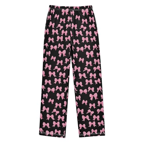 Pajama Pants Sleep Pants Soft Elastic Waist Pajama Lounge Pants Pink Bow Black Background for 6-14 Years Old